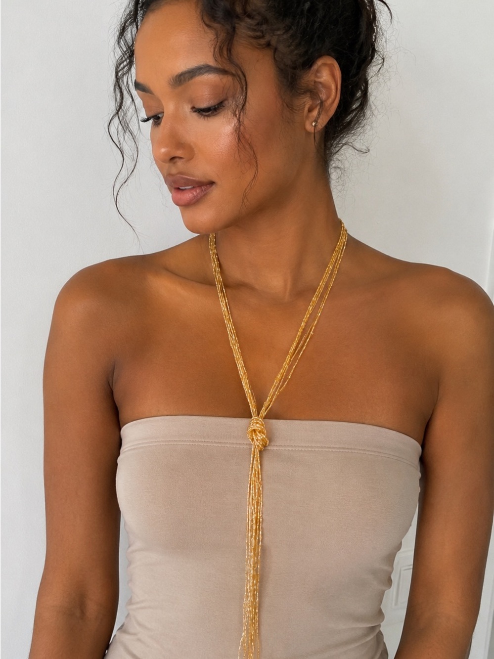 Yellow Gold Layered Beaded Multi-Strand Knot Necklace